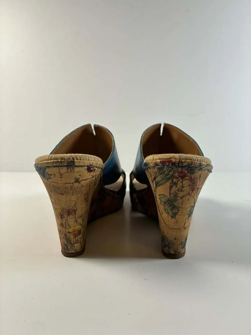 Boho b.o.c. Born Concept Blue Leather Floral Cork Wedge Sandals